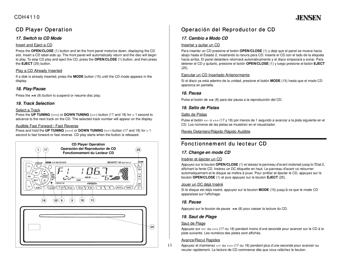 Jensen owner manual CDH4110 CD Player Operation, Operación del Reproductor de CD, Fonctionnement du lecteur CD 