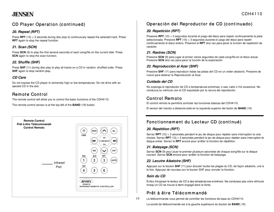 Jensen Remote Control, CDH4110 Operación del Reproductor de CD continuado, Control Remoto, Prêt à être Télécommandé 