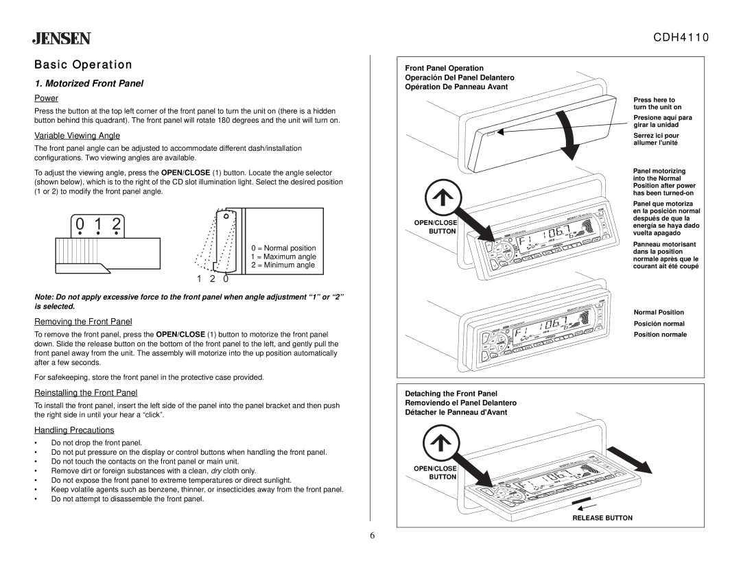 Jensen CDH4110 owner manual Basic Operation, Motorized Front Panel 