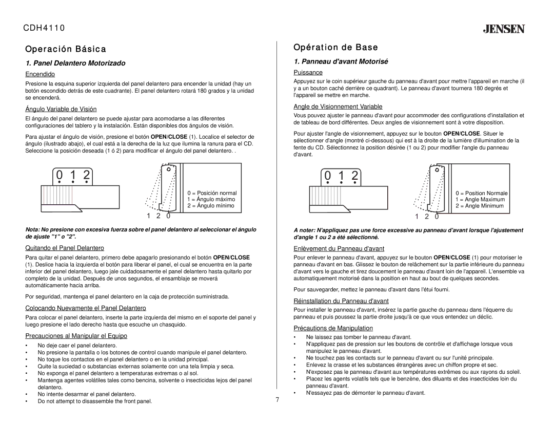 Jensen owner manual CDH4110 Operación Básica, Opération de Base, Panel Delantero Motorizado, Panneau davant Motorisé 