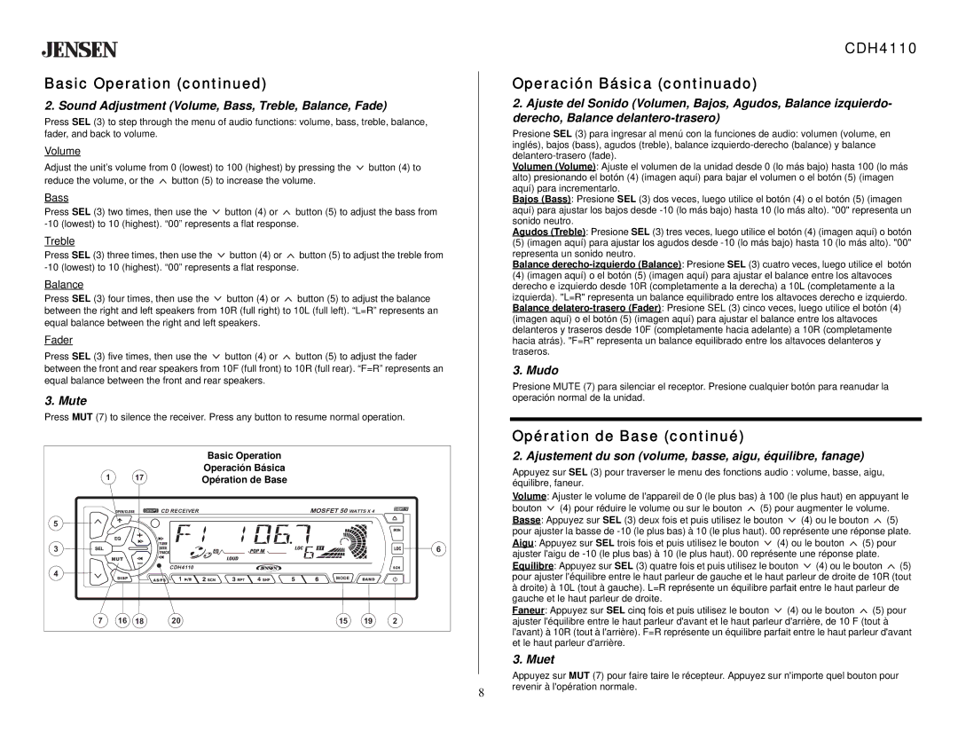 Jensen owner manual CDH4110 Operación Básica continuado, Opération de Base continué 