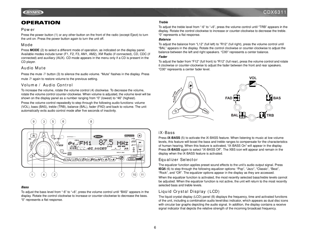 Jensen CDX6311 instruction manual Operation 