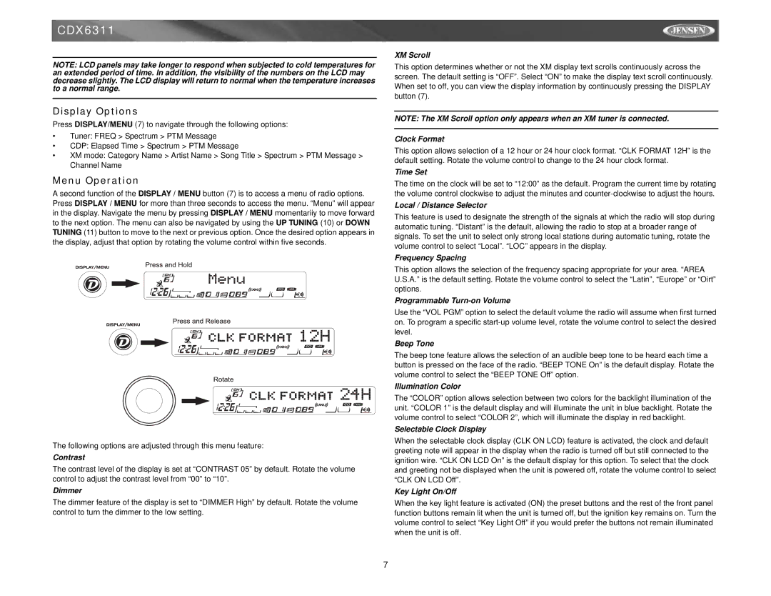 Jensen CDX6311 instruction manual Display Options, Menu Operation 