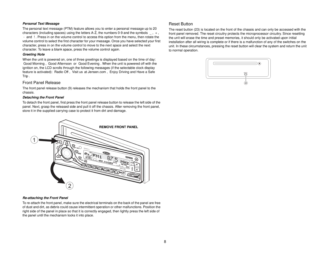 Jensen CDX6311 instruction manual Front Panel Release, Reset Button 