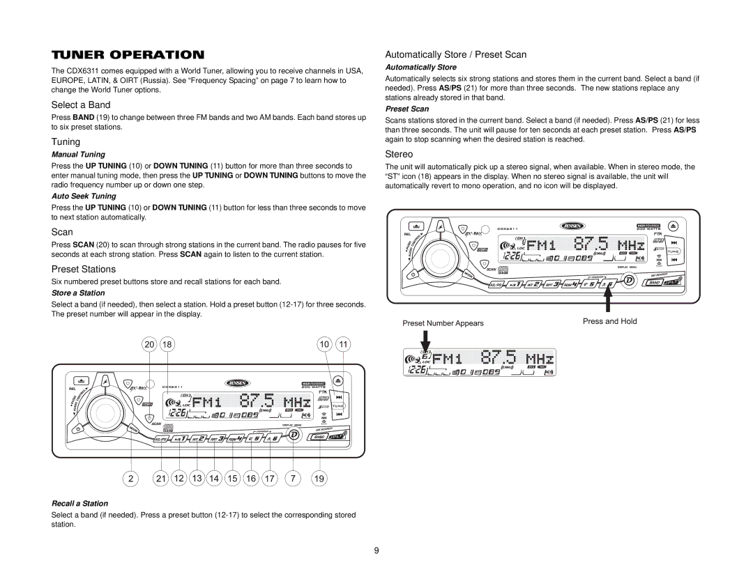 Jensen CDX6311 instruction manual Tuner Operation 