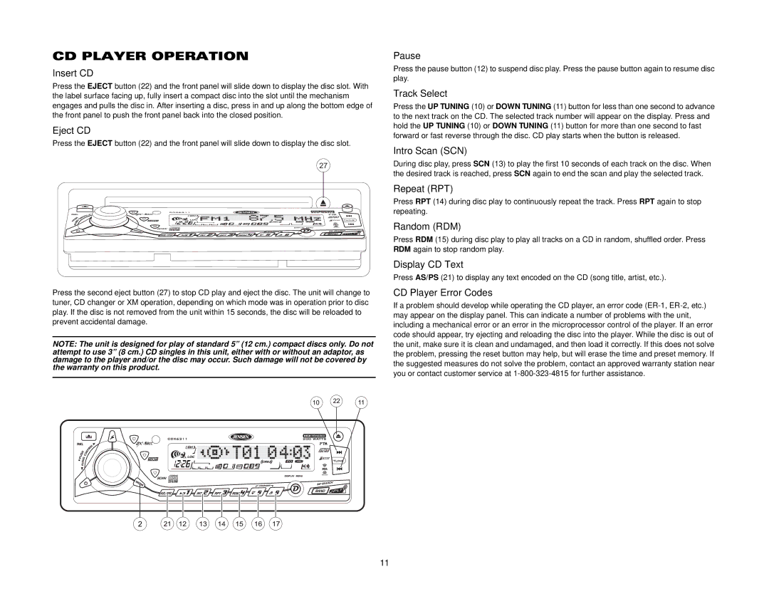 Jensen CDX6311 instruction manual CD Player Operation 