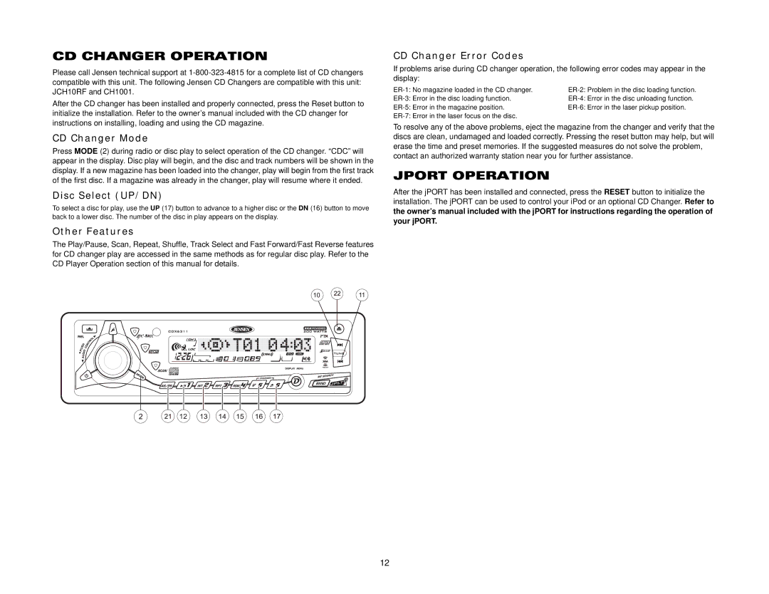 Jensen CDX6311 instruction manual CD Changer Operation, Jport Operation 