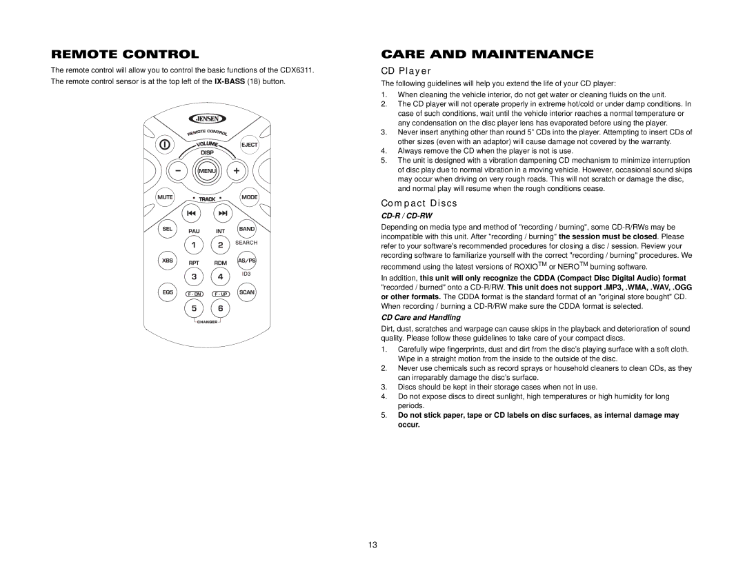 Jensen CDX6311 instruction manual Remote Control, Care and Maintenance, CD Player, Compact Discs, CD Care and Handling 