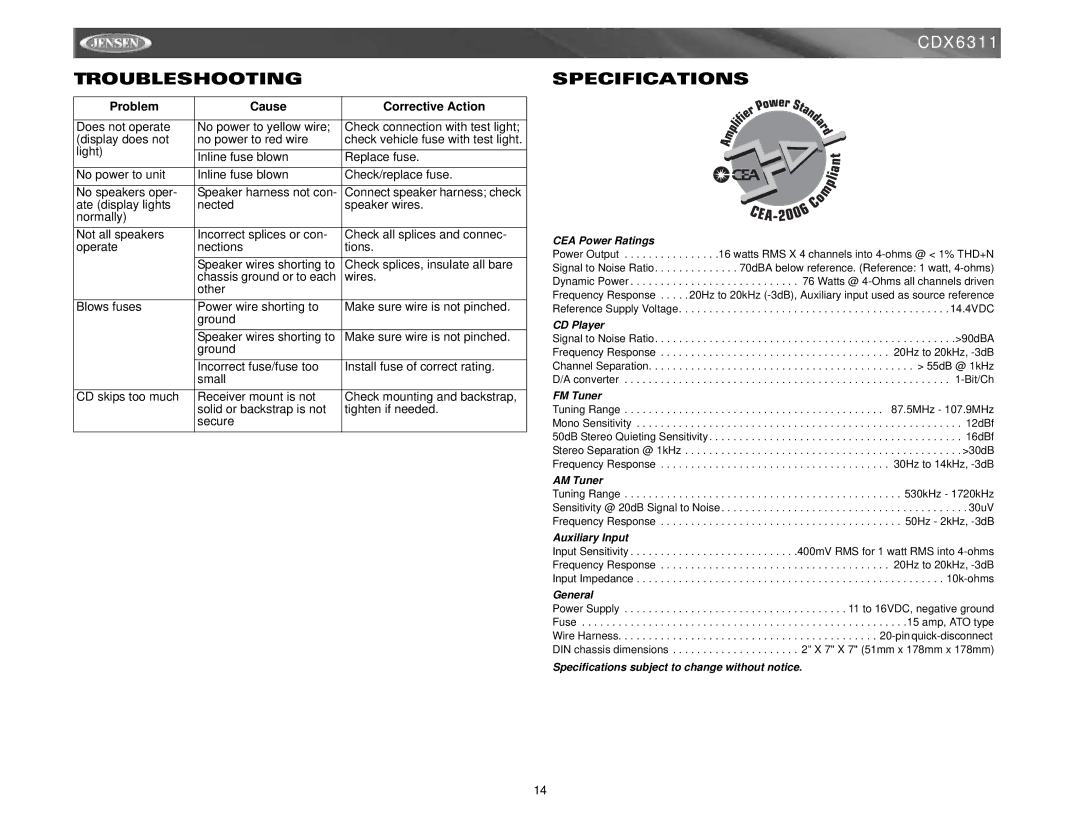 Jensen CDX6311 instruction manual Troubleshooting, Specifications 