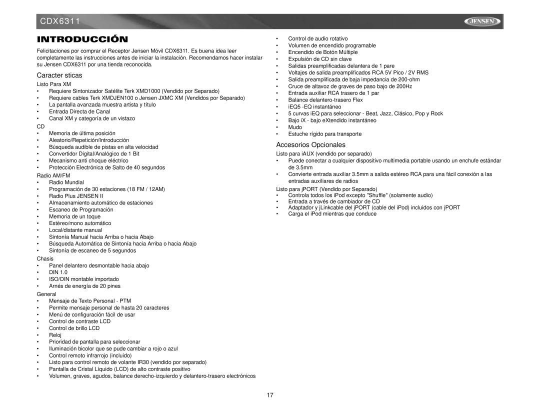 Jensen CDX6311 instruction manual Introducción, Características, Accesorios Opcionales 