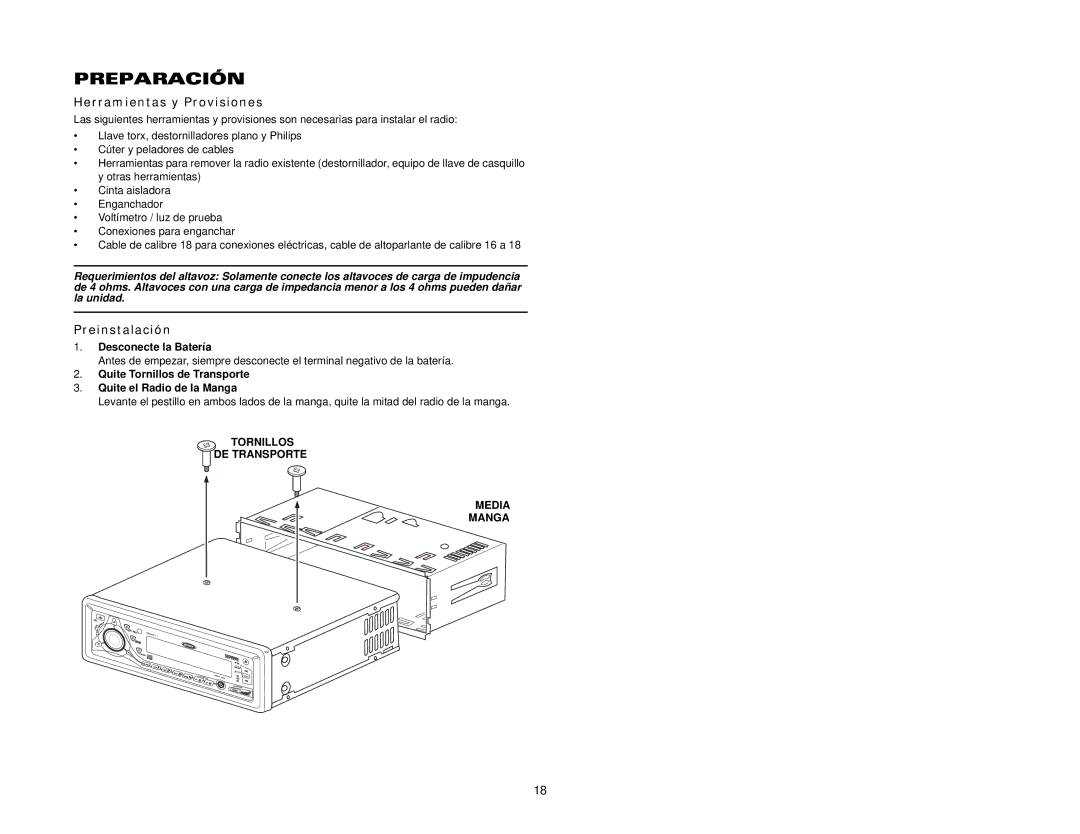 Jensen CDX6311 instruction manual Preparación, Herramientas y Provisiones, Preinstalación 