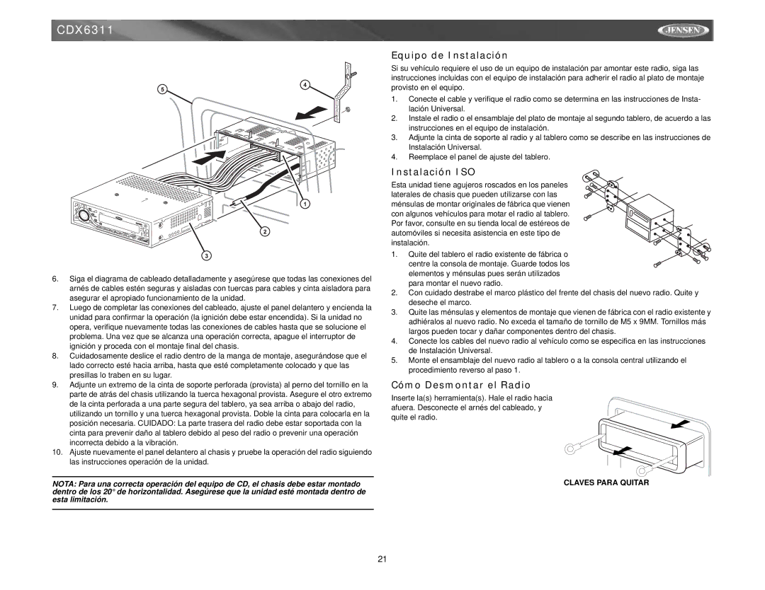 Jensen CDX6311 instruction manual Equipo de Instalación, Instalación ISO, Cómo Desmontar el Radio 