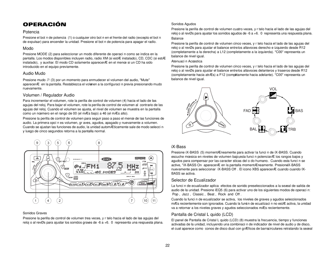 Jensen CDX6311 instruction manual Operación 