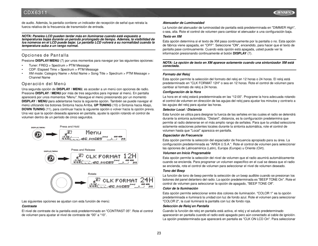 Jensen CDX6311 instruction manual Opciones de Pantalla, Operación del Menú 