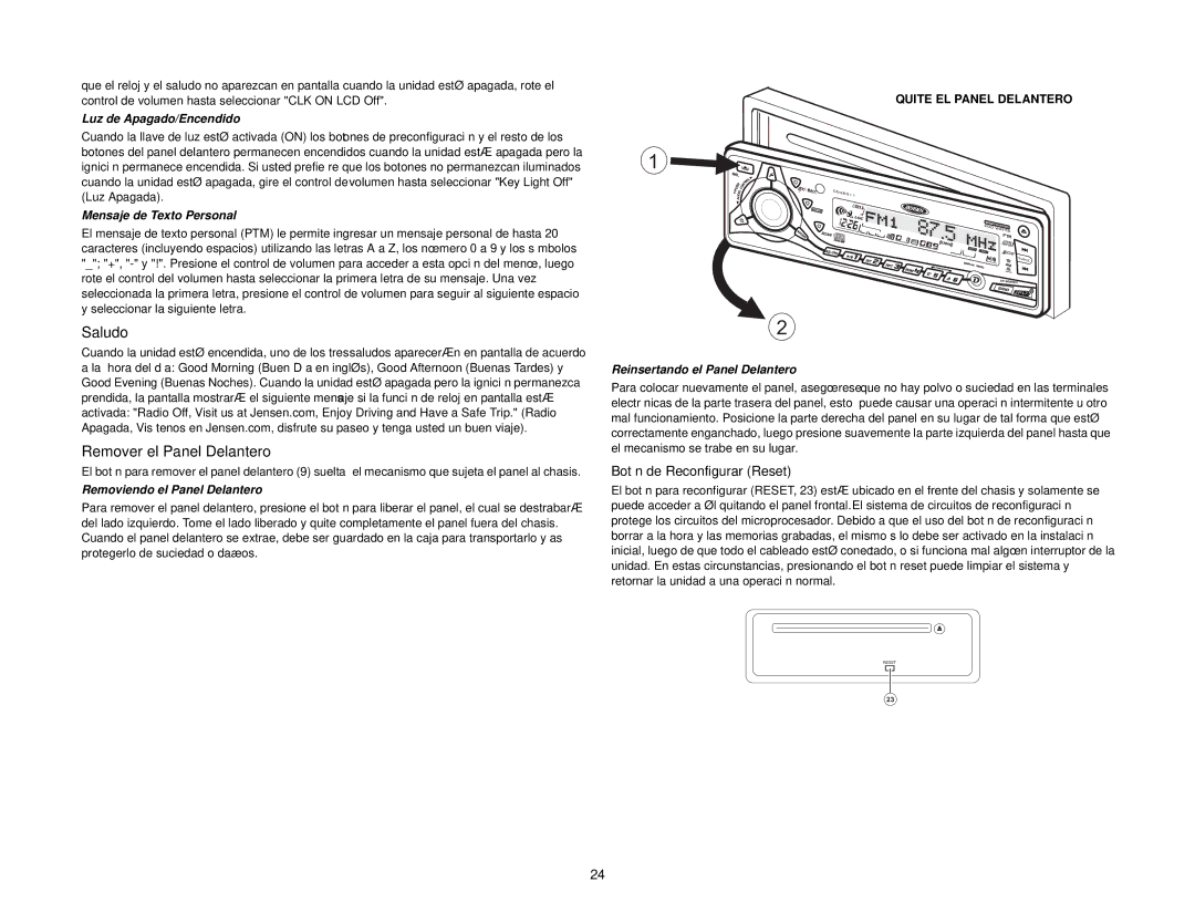 Jensen CDX6311 instruction manual Saludo, Remover el Panel Delantero, Botón de Reconfigurar Reset 