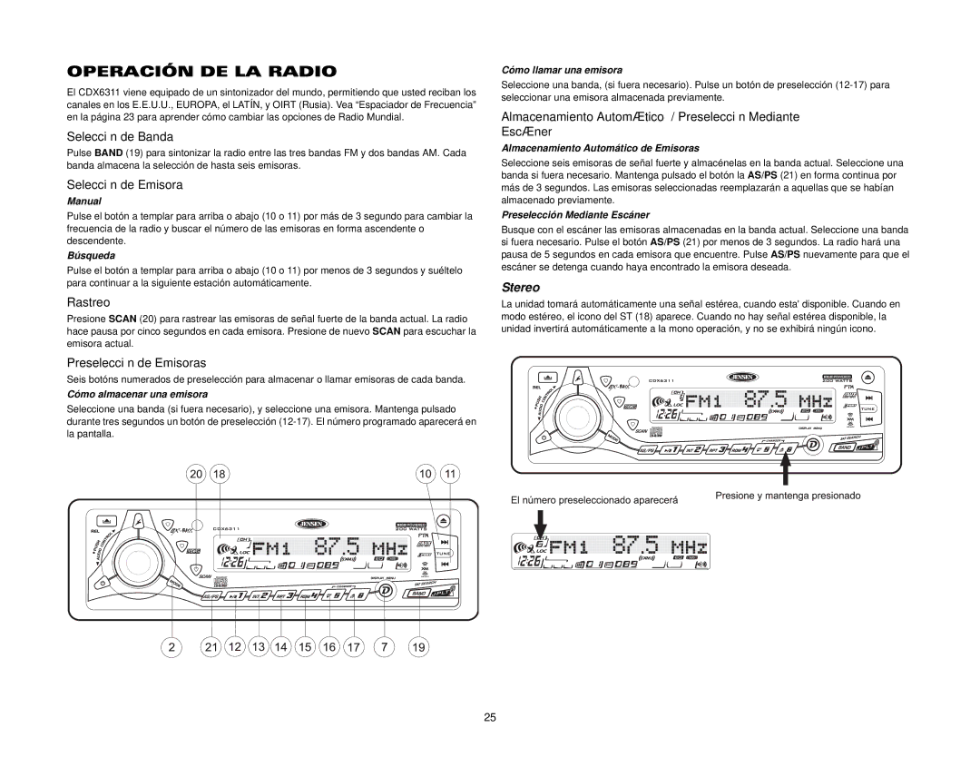 Jensen CDX6311 instruction manual Operación DE LA Radio 