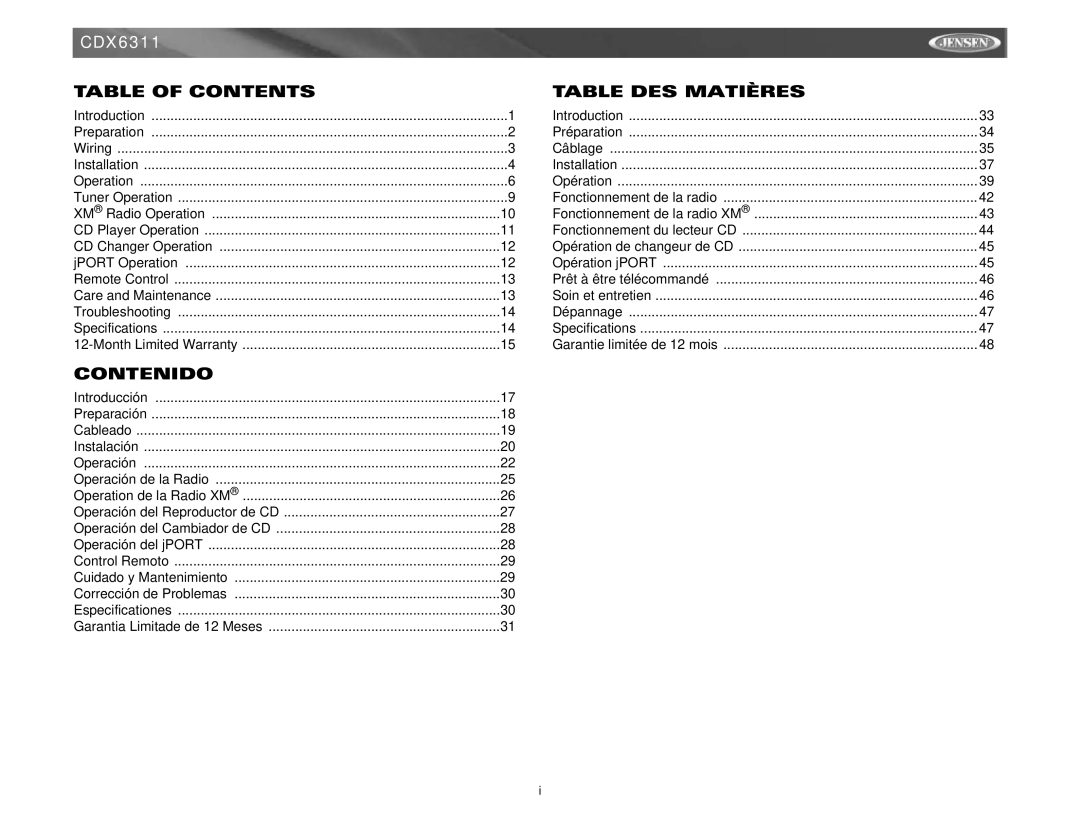 Jensen CDX6311 instruction manual Table of Contents, Contenido, Table DES Matières 