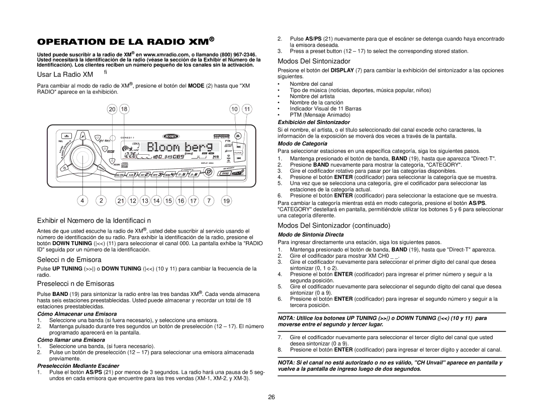 Jensen CDX6311 Operation DE LA Radio XM, Usar La Radio XM, Exhibir el Número de la Identificación, Modos Del Sintonizador 