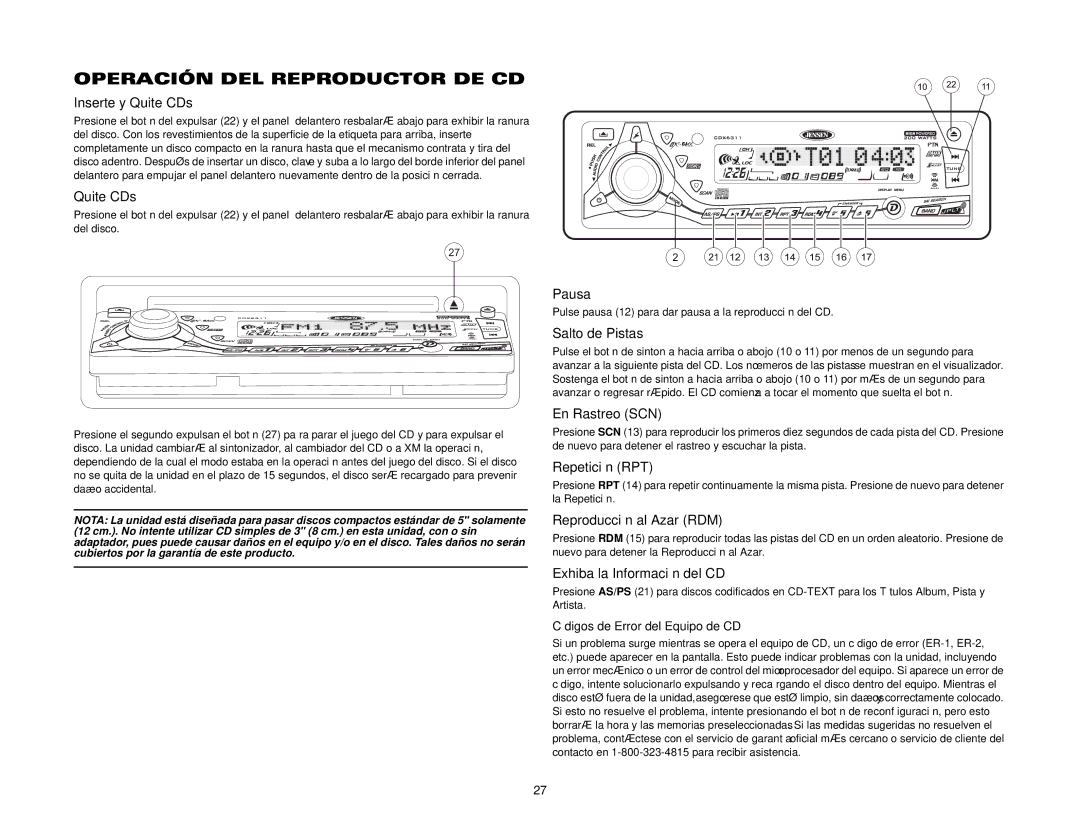 Jensen CDX6311 instruction manual Operación DEL Reproductor DE CD 