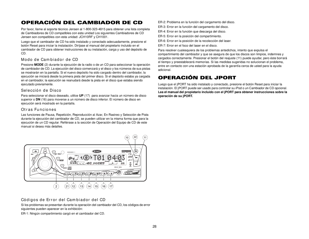 Jensen CDX6311 instruction manual Operación DEL Cambiador DE CD, Operación DEL Jport 