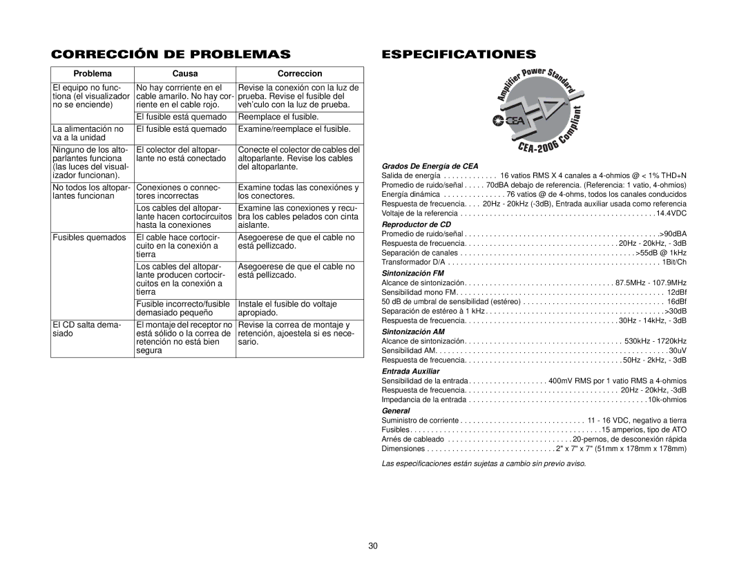 Jensen CDX6311 instruction manual Corrección DE Problemas, Especificationes 