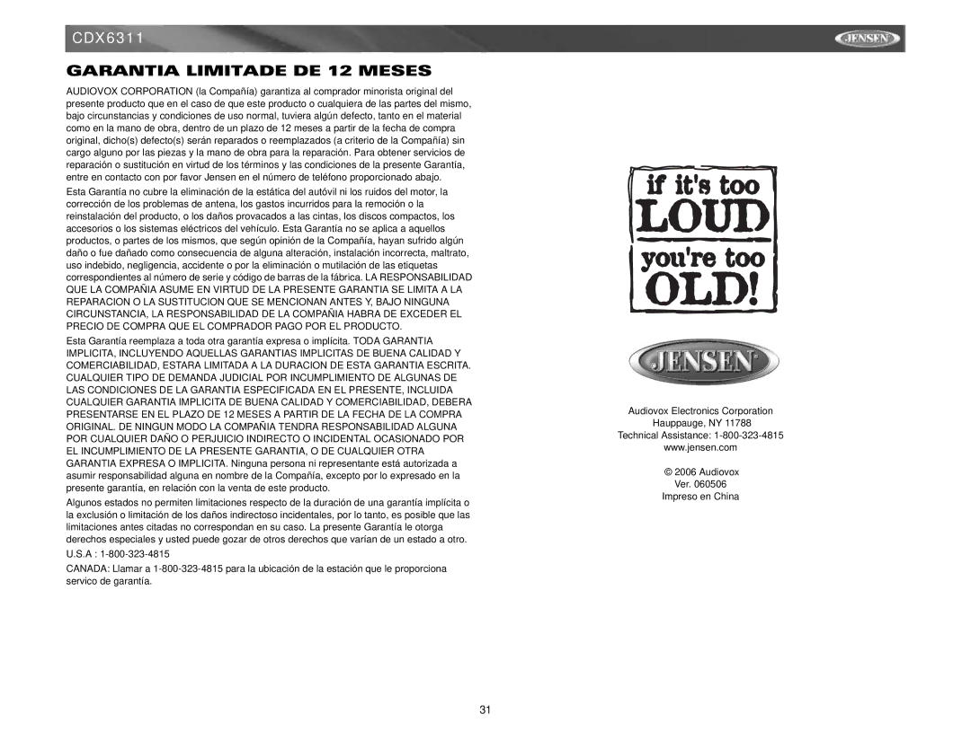 Jensen CDX6311 instruction manual Garantia Limitade DE 12 Meses 