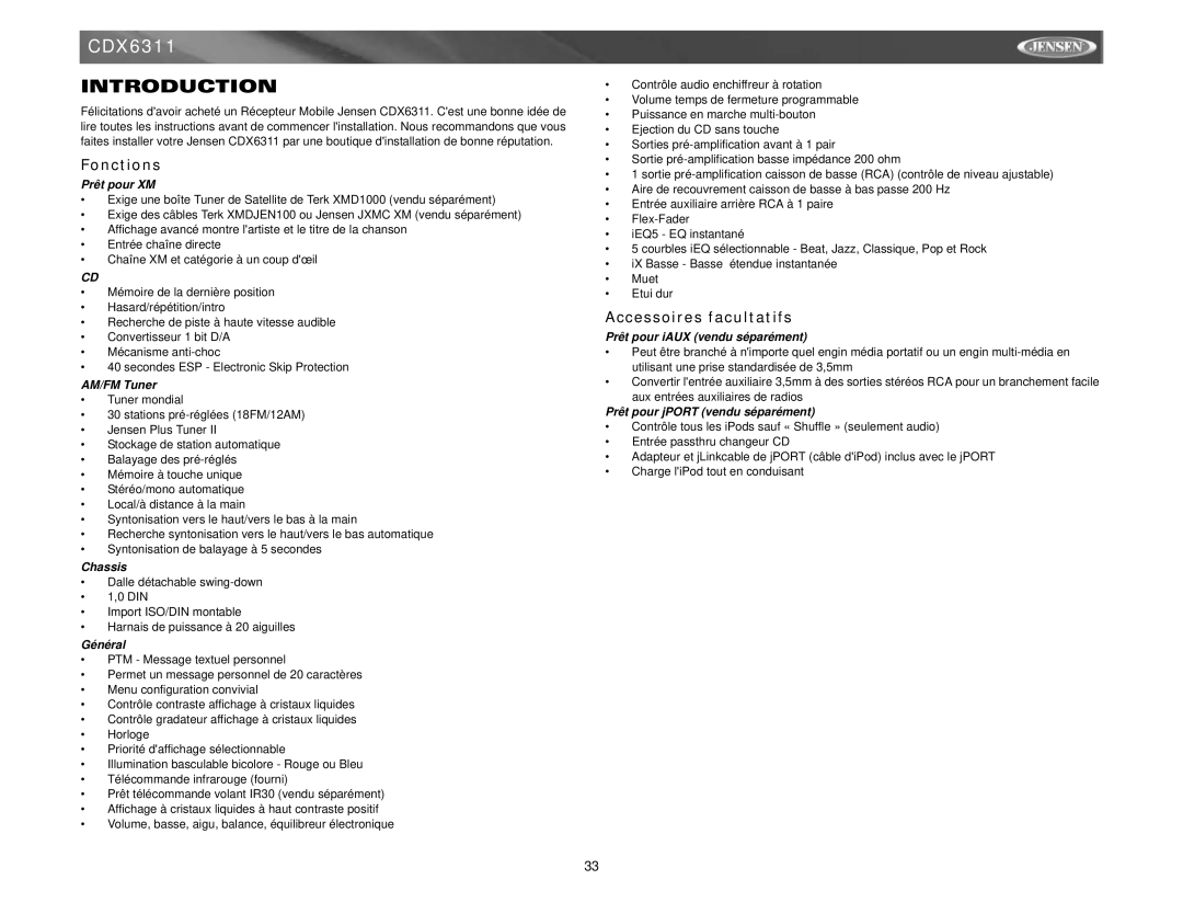 Jensen CDX6311 instruction manual Fonctions, Accessoires facultatifs 