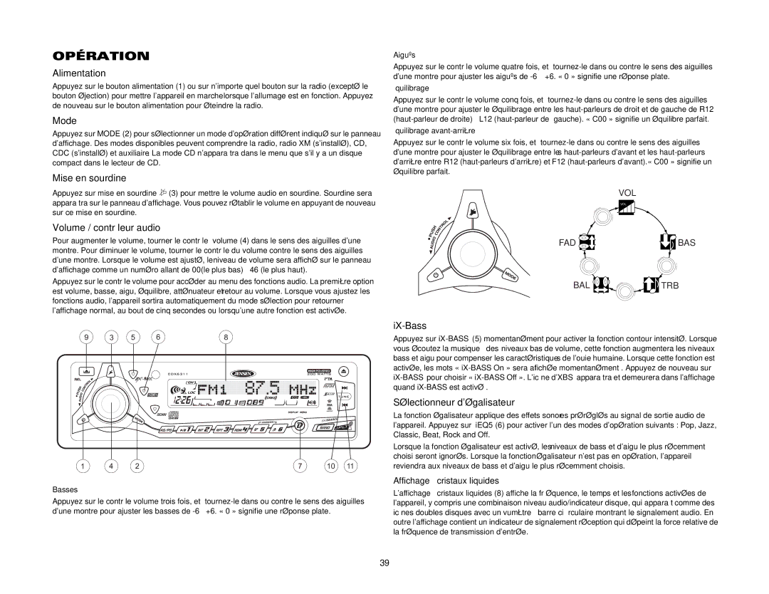 Jensen CDX6311 Opération, Alimentation, Mise en sourdine, Volume / contrôleur audio, Sélectionneur dégalisateur 