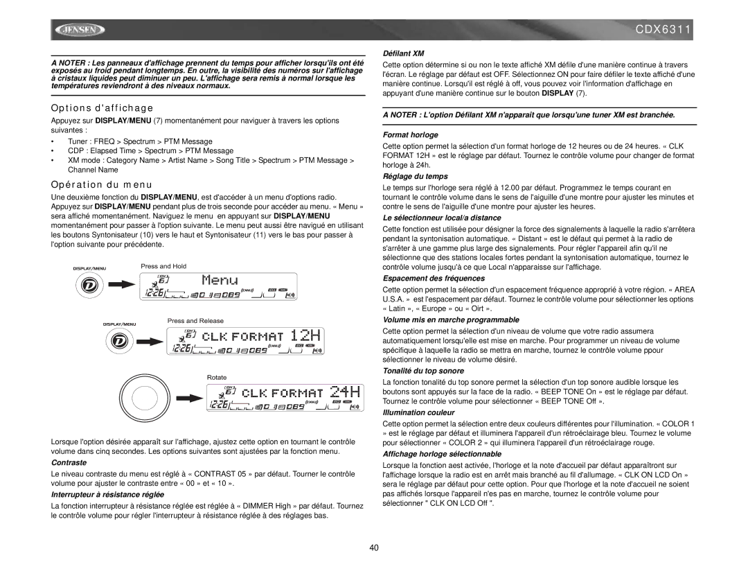 Jensen CDX6311 instruction manual Options daffichage, Opération du menu 