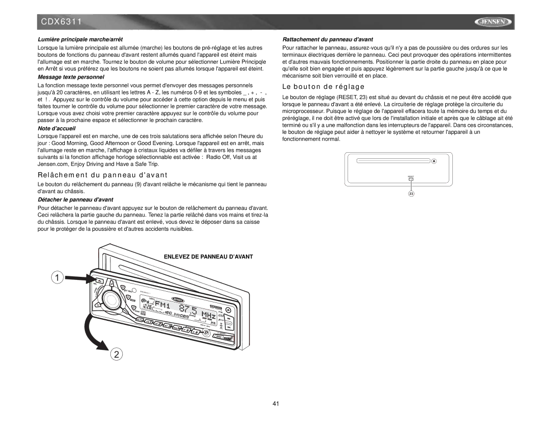 Jensen CDX6311 instruction manual Relâchement du panneau davant, Le bouton de réglage 