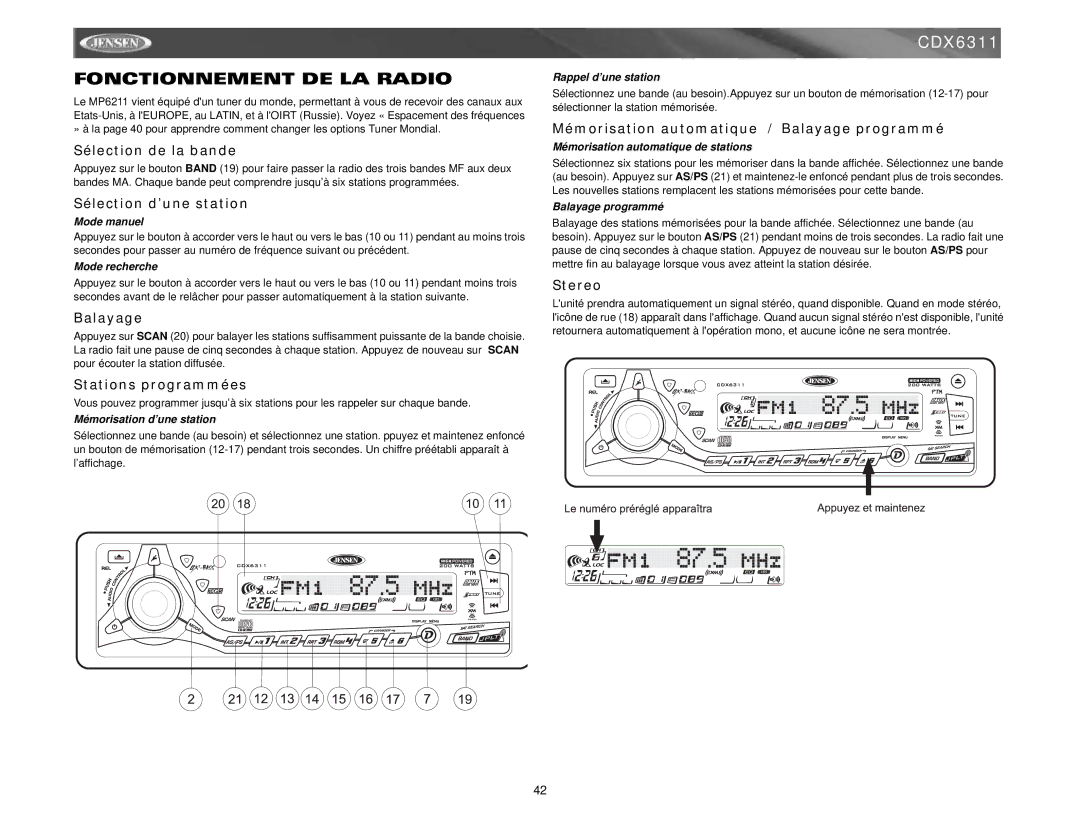 Jensen CDX6311 instruction manual Fonctionnement DE LA Radio 