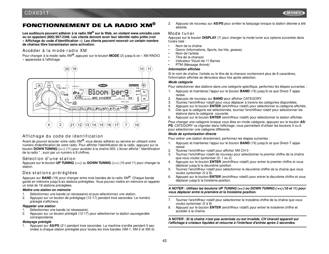 Jensen CDX6311 instruction manual Fonctionnement DE LA Radio XM 