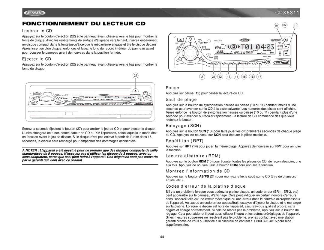 Jensen CDX6311 instruction manual Fonctionnement DU Lecteur CD 