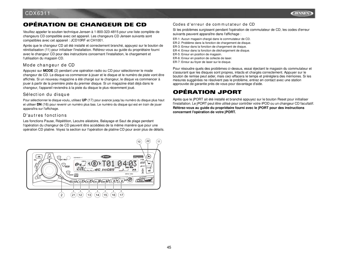 Jensen CDX6311 Opération DE Changeur DE CD, Opération Jport, Mode changeur de CD, Sélection du disque, Dautres fonctions 