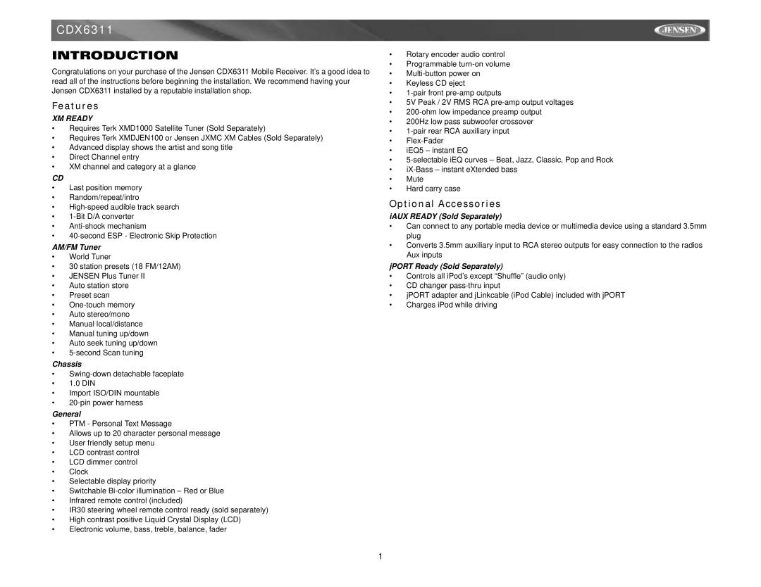 Jensen CDX6311 instruction manual Introduction, Features, Optional Accessories 