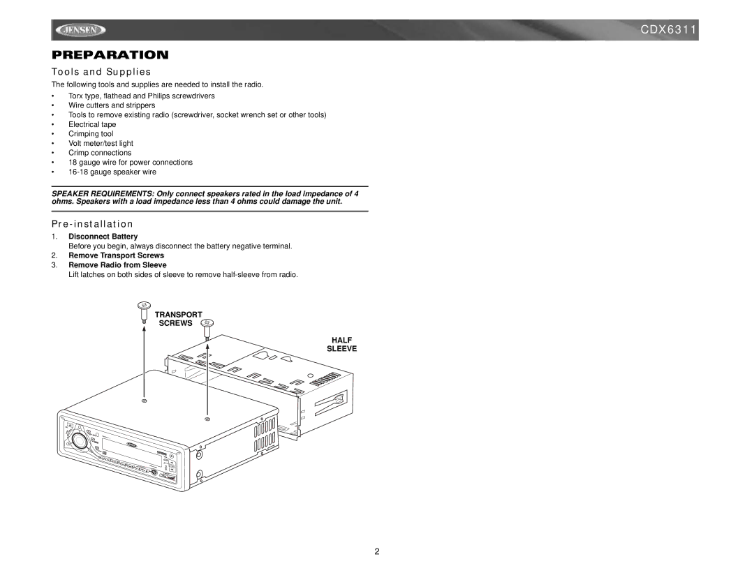 Jensen CDX6311 instruction manual Preparation, Tools and Supplies, Pre-installation 