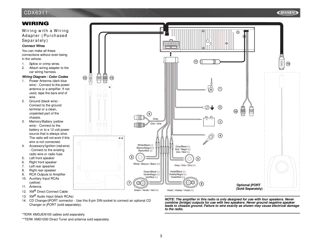 Jensen CDX6311 instruction manual Wiring with a Wiring Adapter Purchased Separately, Connect Wires 