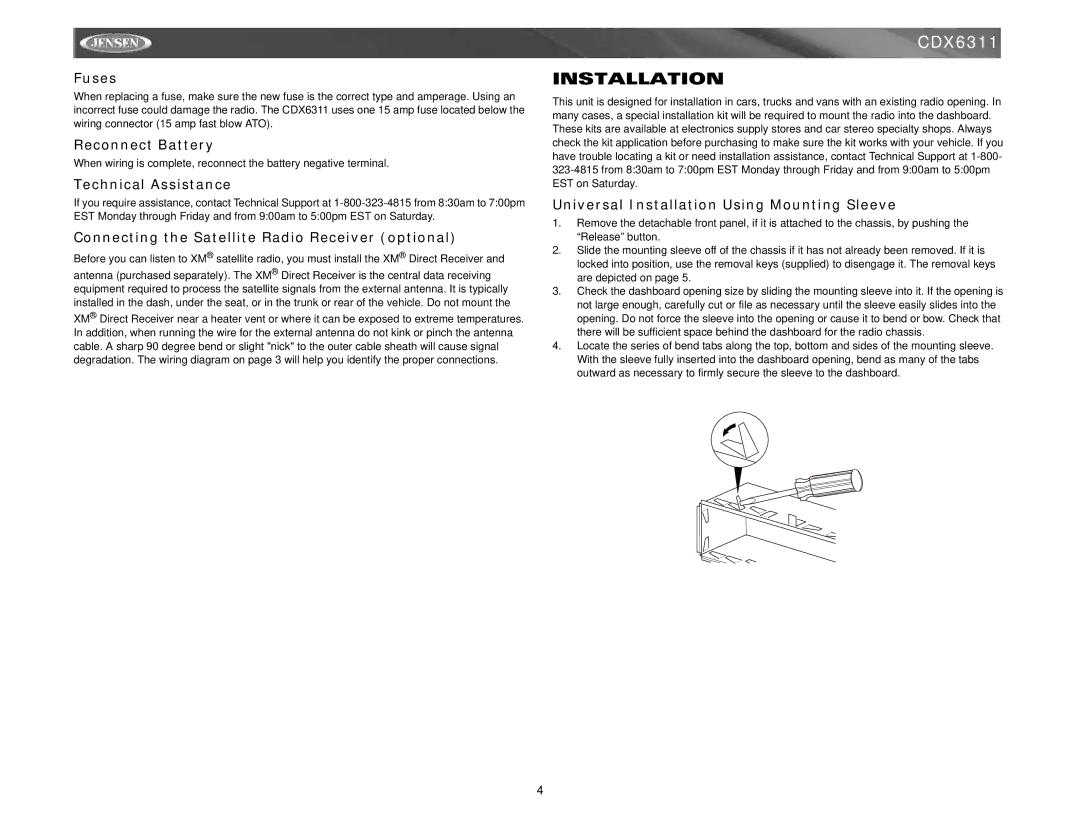 Jensen CDX6311 instruction manual Installation 