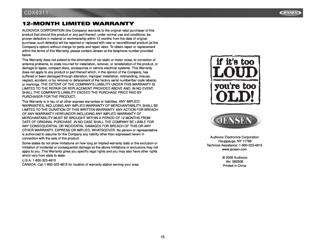 Jensen CDX6311 instruction manual Monthlimited Warranty 