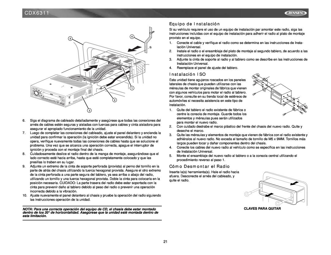 Jensen CDX6311 instruction manual Equipo de Instalación, Instalación ISO, Cómo Desmontar el Radio, Claves Para Quitar 