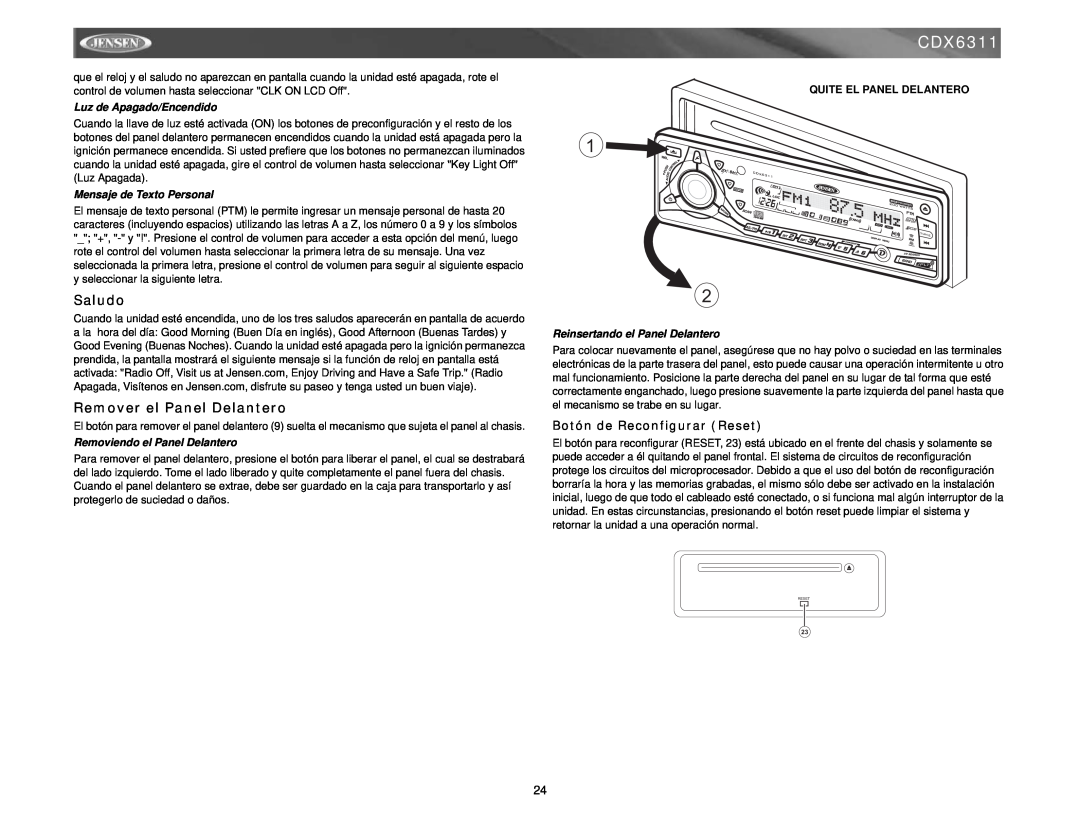 Jensen CDX6311 instruction manual Saludo, Remover el Panel Delantero, Botón de Reconfigurar Reset, Luz de Apagado/Encendido 