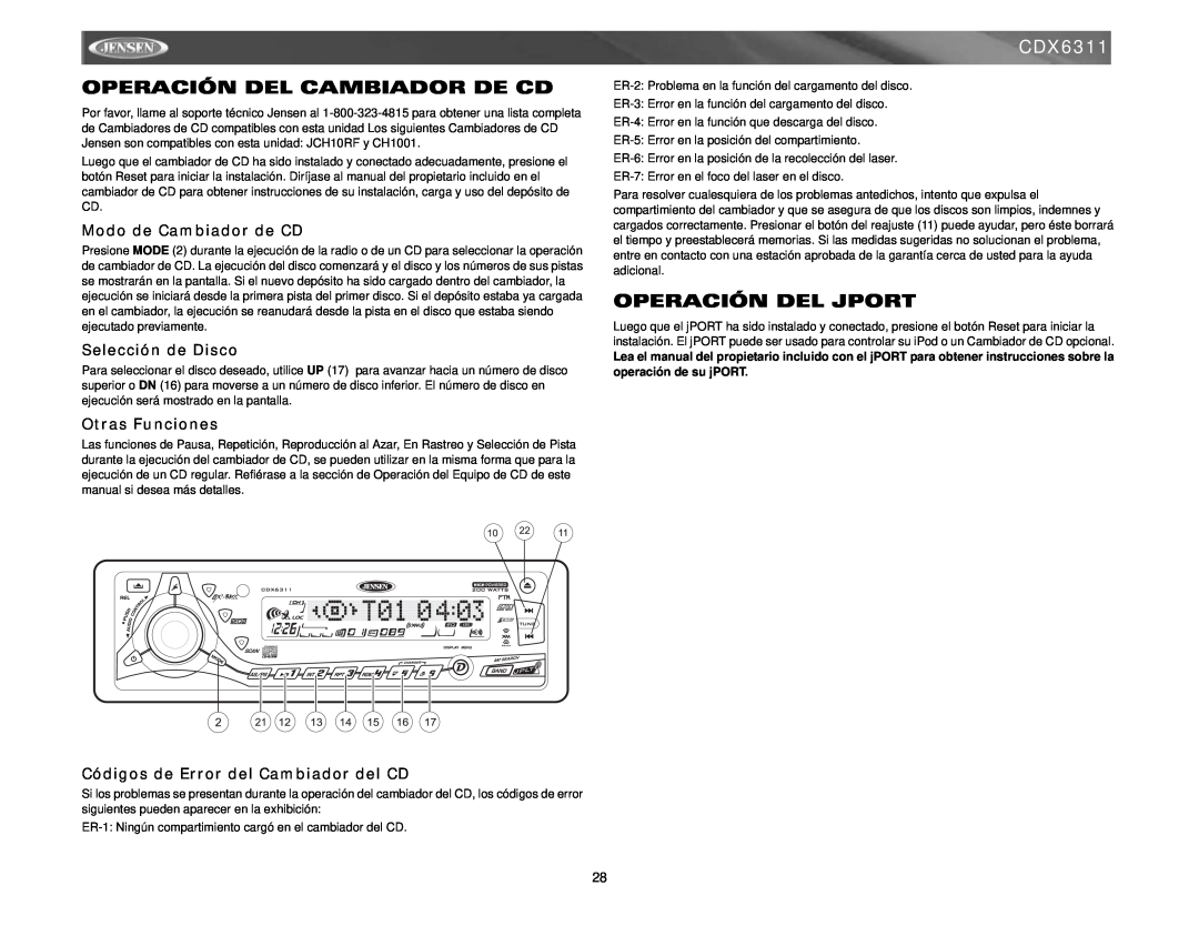 Jensen CDX6311 Operación Del Cambiador De Cd, Operación Del Jport, Modo de Cambiador de CD, Selección de Disco 