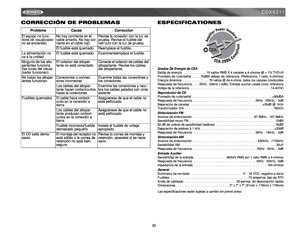 Jensen CDX6311 instruction manual Corrección De Problemas, Especificationes, Causa, Correccion 