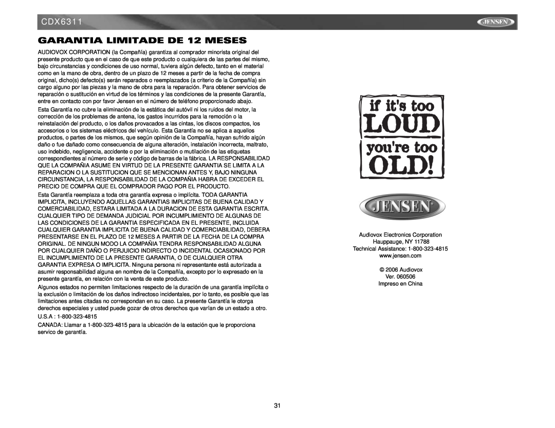 Jensen CDX6311 instruction manual GARANTIA LIMITADE DE 12 MESES 