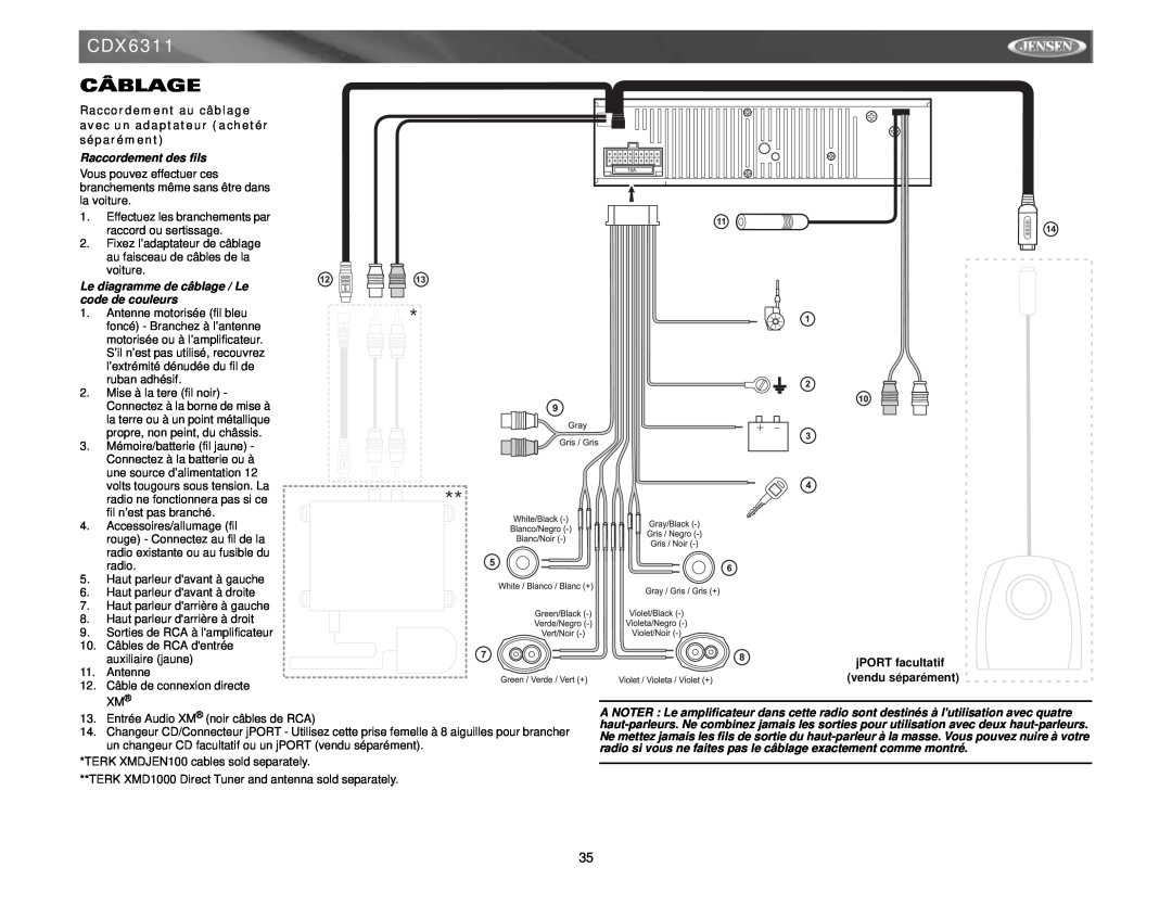 Jensen CDX6311 instruction manual Câblage, Raccordement des fils, Le diagramme de câblage / Le code de couleurs 