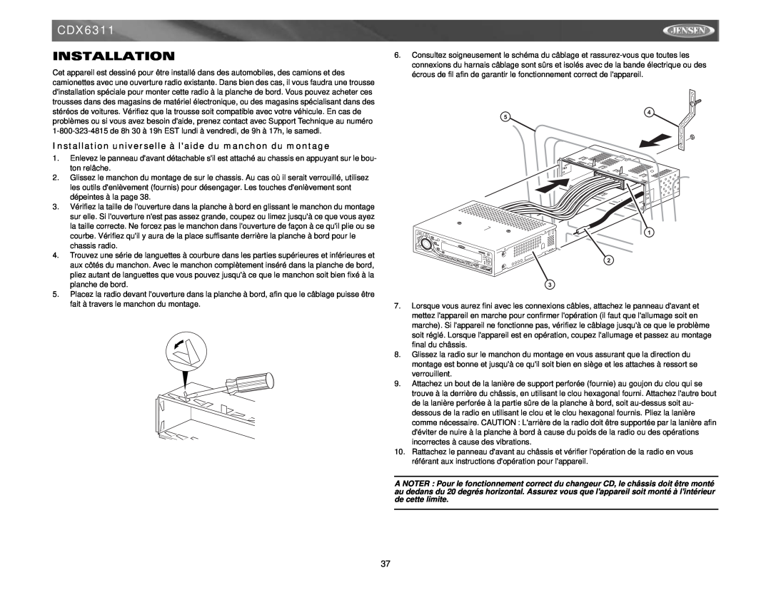 Jensen CDX6311 instruction manual Installation 