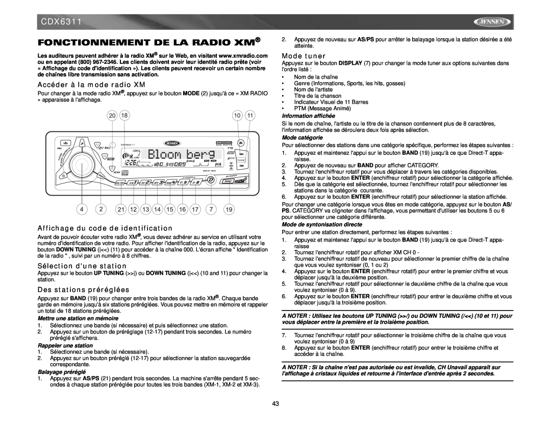 Jensen CDX6311 Fonctionnement De La Radio Xm, Accéder à la mode radio XM, Affichage du code de identification, Mode tuner 