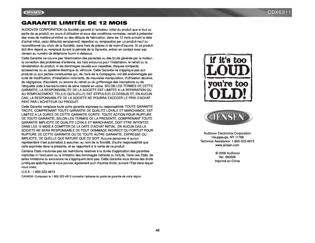 Jensen CDX6311 instruction manual GARANTIE LIMITÉE DE 12 MOIS 