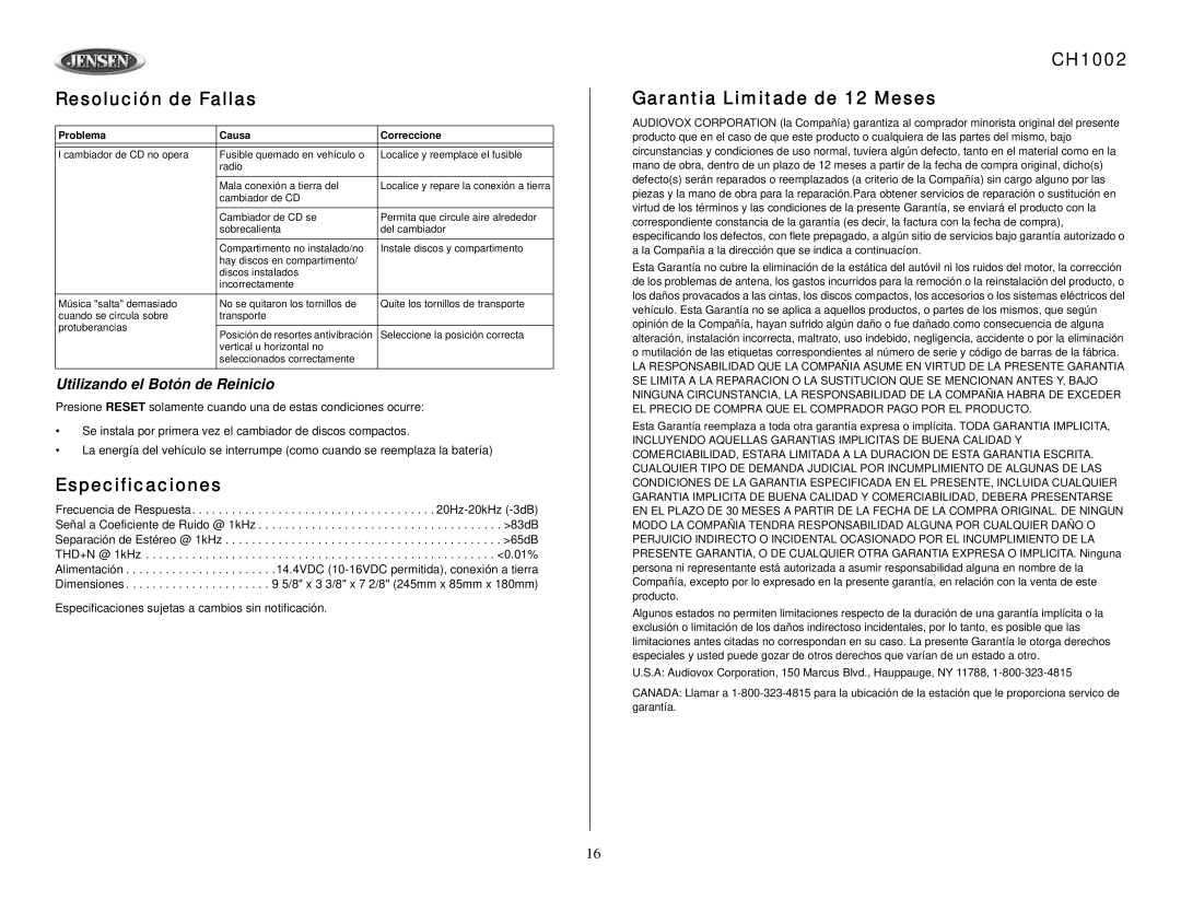 Jensen Resolución de Fallas, Especificaciones, CH1002 Garantia Limitade de 12 Meses, Utilizando el Botón de Reinicio 