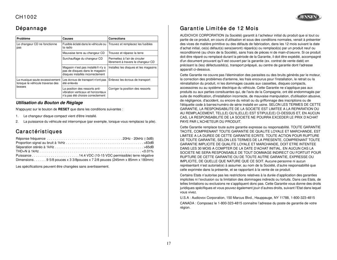 Jensen owner manual CH1002 Dépannage, Caractéristiques, Garantie Limitée de 12 Mois, Utilisation du Bouton de Réglage 